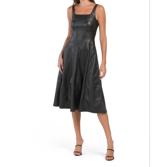 7 For All Mankind Faux Leather Fit And Flare Dress In Black SZ L